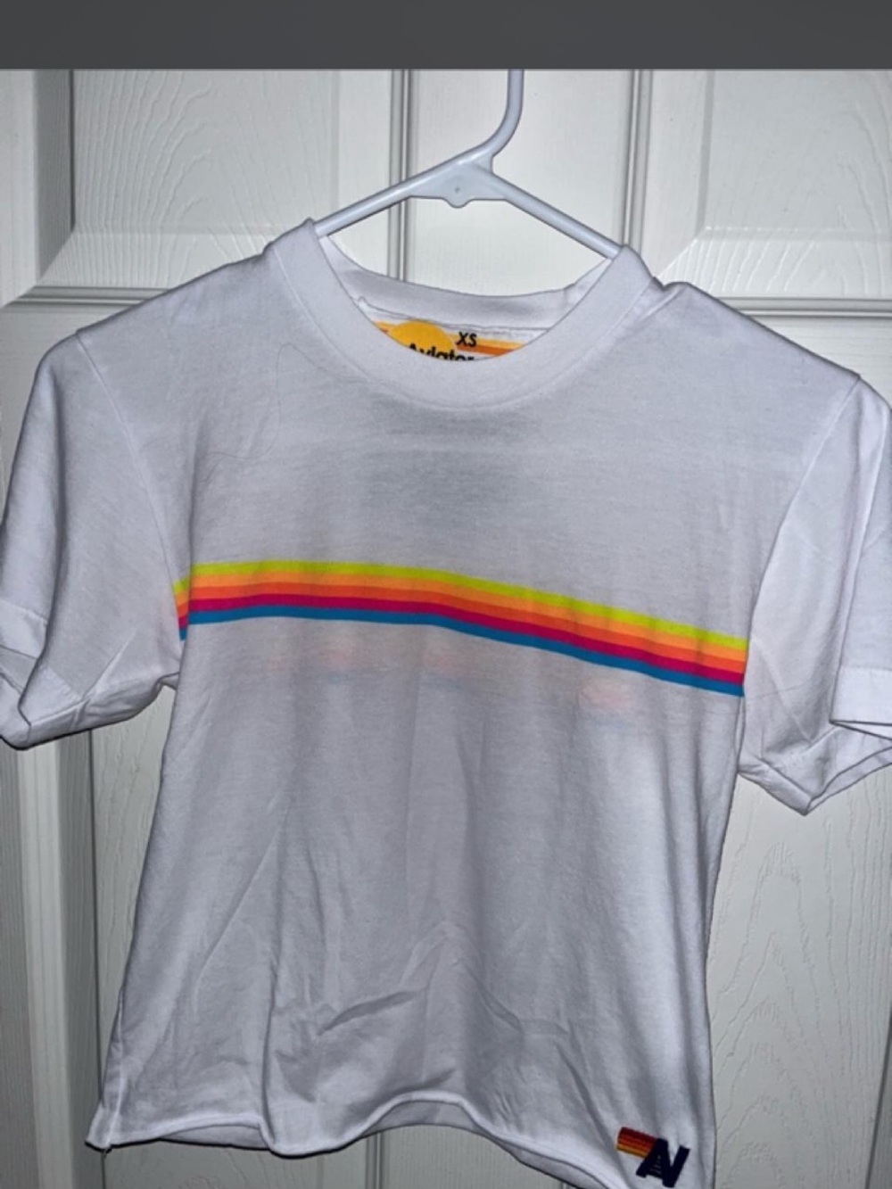 Aviator Nation White Tee with Neon Rainbow Chest Stripe size XS NWOT